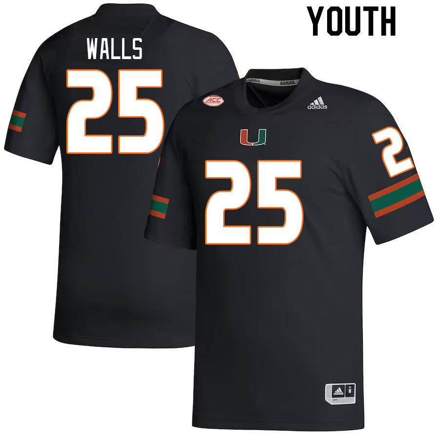Youth #25 Jefferson Walls Miami Hurricanes College Football Jerseys Stitched-Black